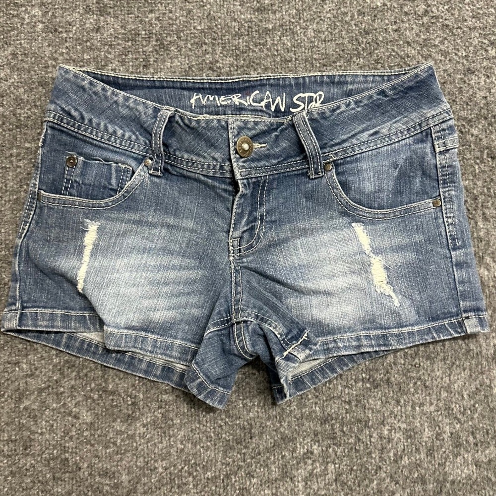 American Star Shorts Womens Size 7 Blue Denim Distressed Low Rise Casual Summer